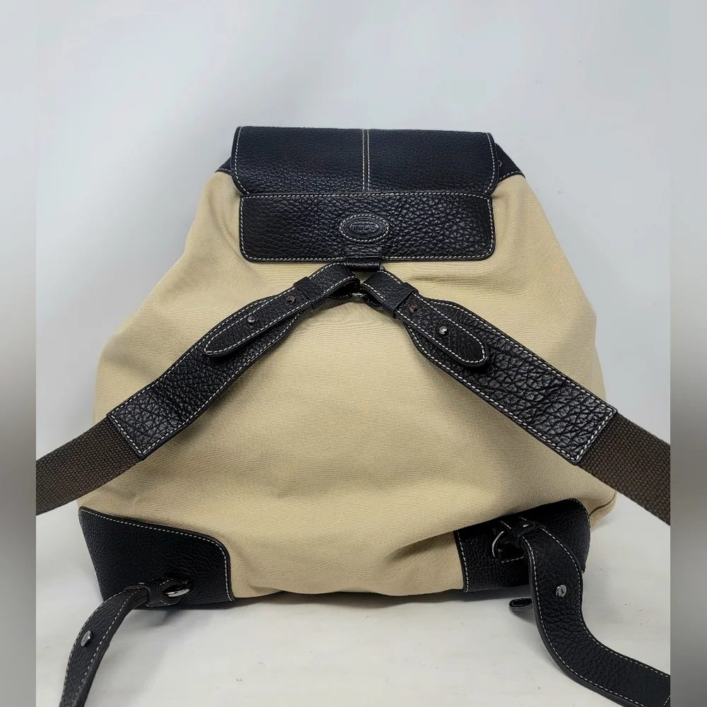 Tod's Brown Leather Canvas Large Backpack Bag Authentic